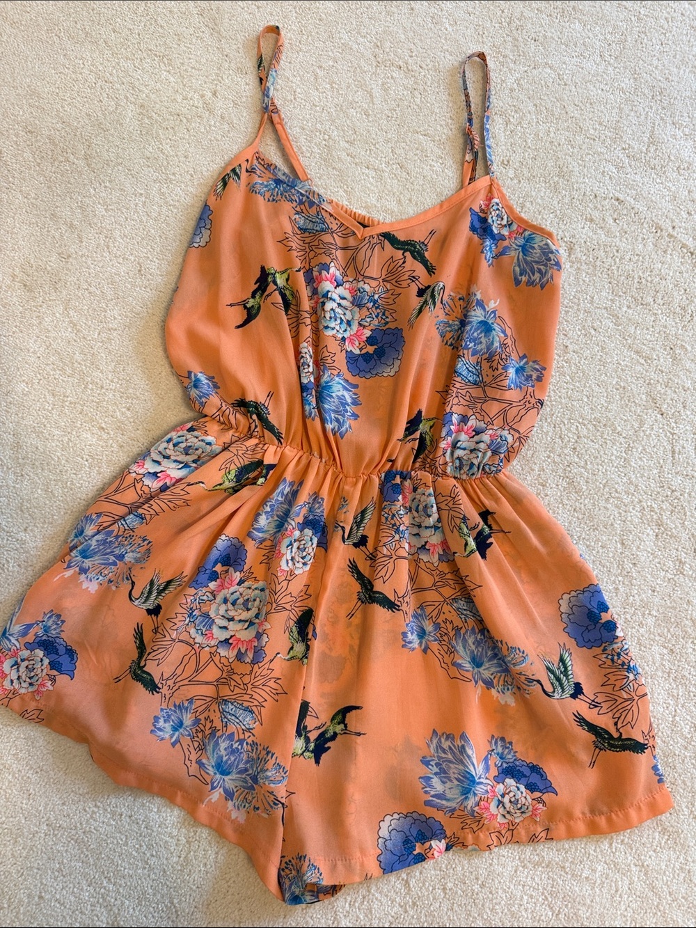UK2LA Peach Tank Shorts Romper with Blue Floral + Bird Print